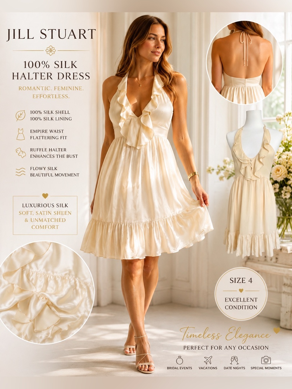 Jill Stuart 100% Silk Halter Dress Ivory Ruffle Empire Waist Coquette Size 4